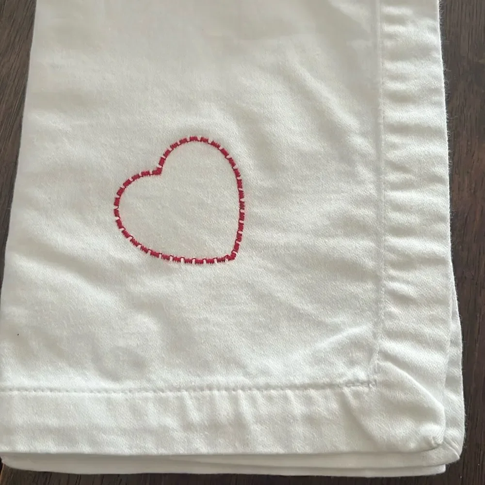 White Upcycled Square Napkins with Border Custom Home Heart Embroidery Set of 4